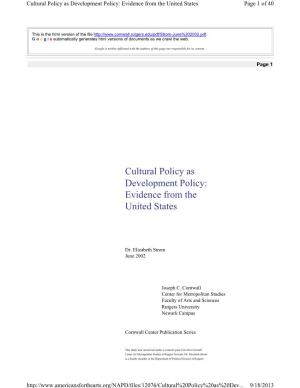 Cultural Policy As Development Policy: Evidence from the United States Page 1 of 40