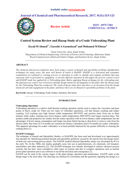 Control System Review and Hazop Study of a Crude Visbreaking Plant