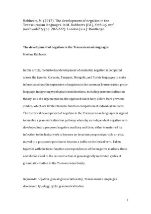 (2017). the Development of Negation in the Transeurasian Languages. in M