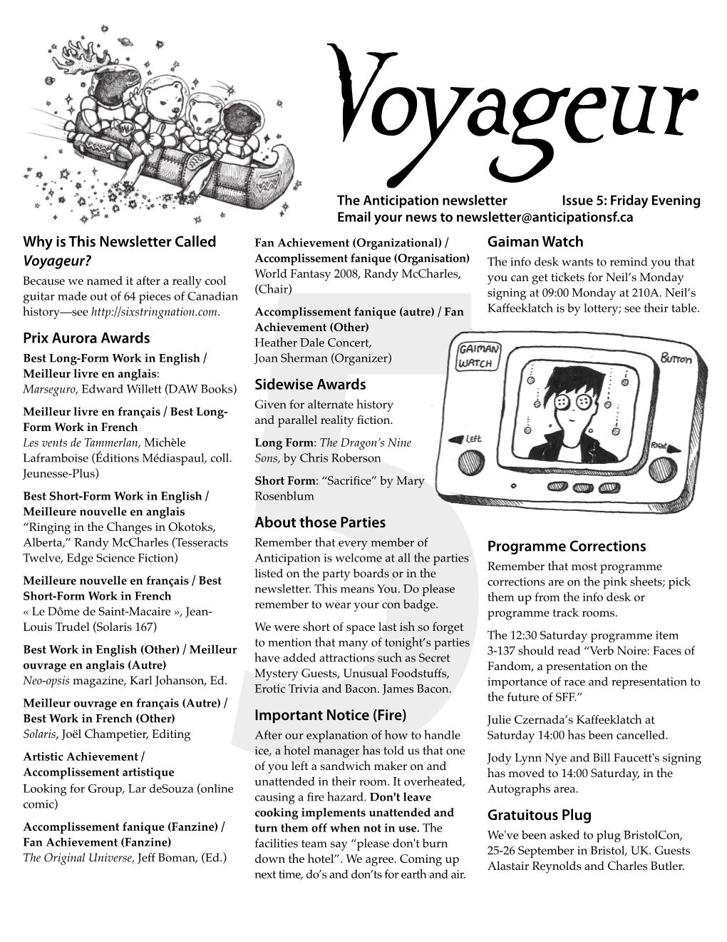 Voyageur the Anticipation Newsletter Issue 5: Friday Evening Email Your News to Newsletter@Anticipationsf.Ca