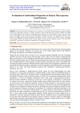 Evaluation of Antioxidant Properties of Salacia Macrosperma Leaf Extracts