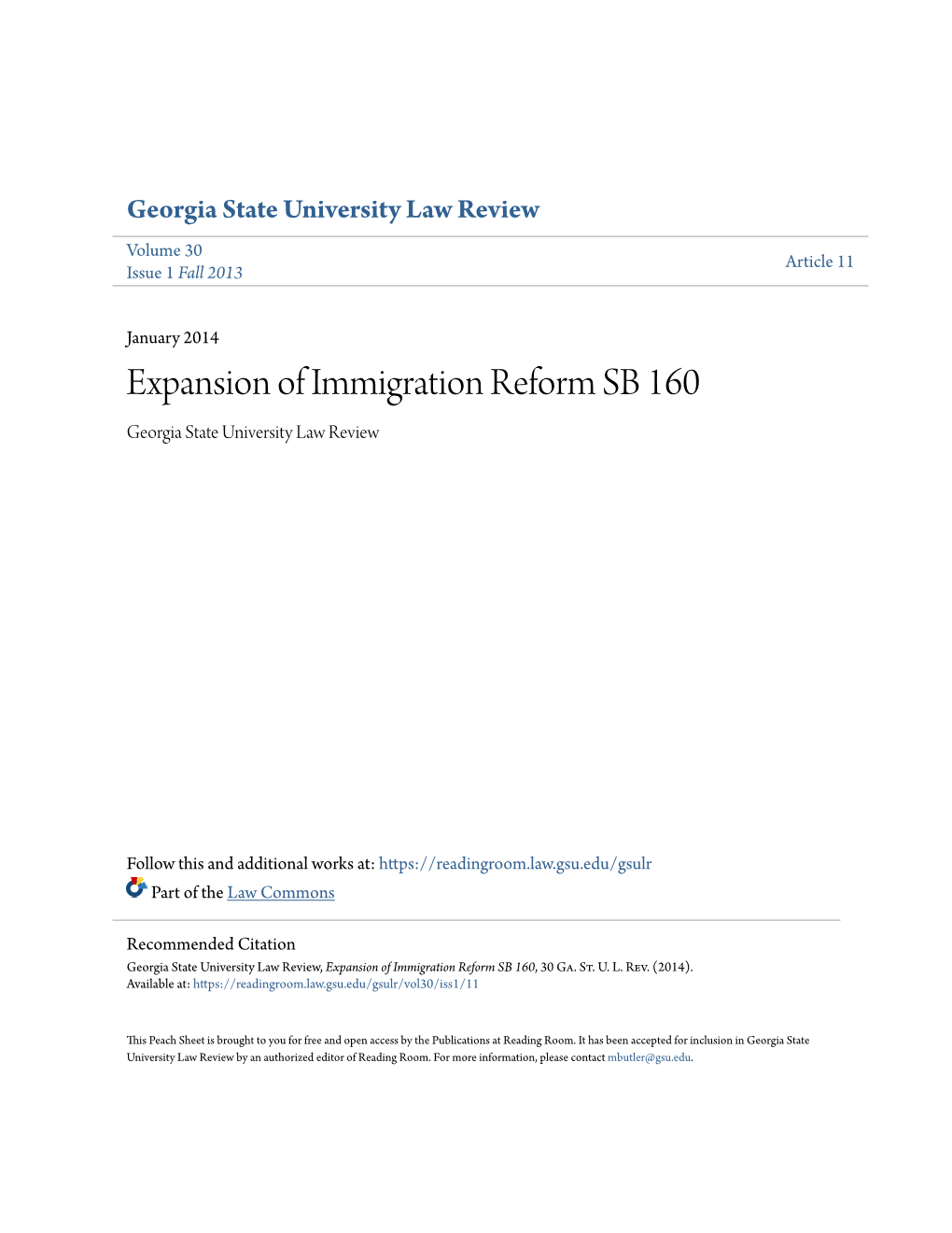 Expansion of Immigration Reform SB 160 Georgia State University Law Review