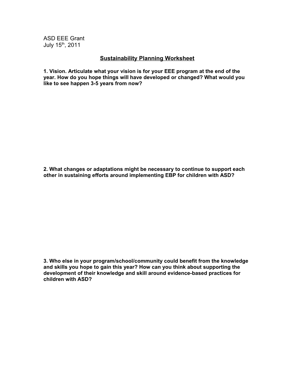 Sustainability Planning Worksheet