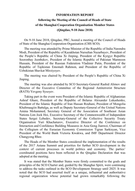 INFORMATION REPORT Following the Meeting of the Council of Heads of State of the Shanghai Cooperation Organisation Member States (Qingdao, 9-10 June 2018)