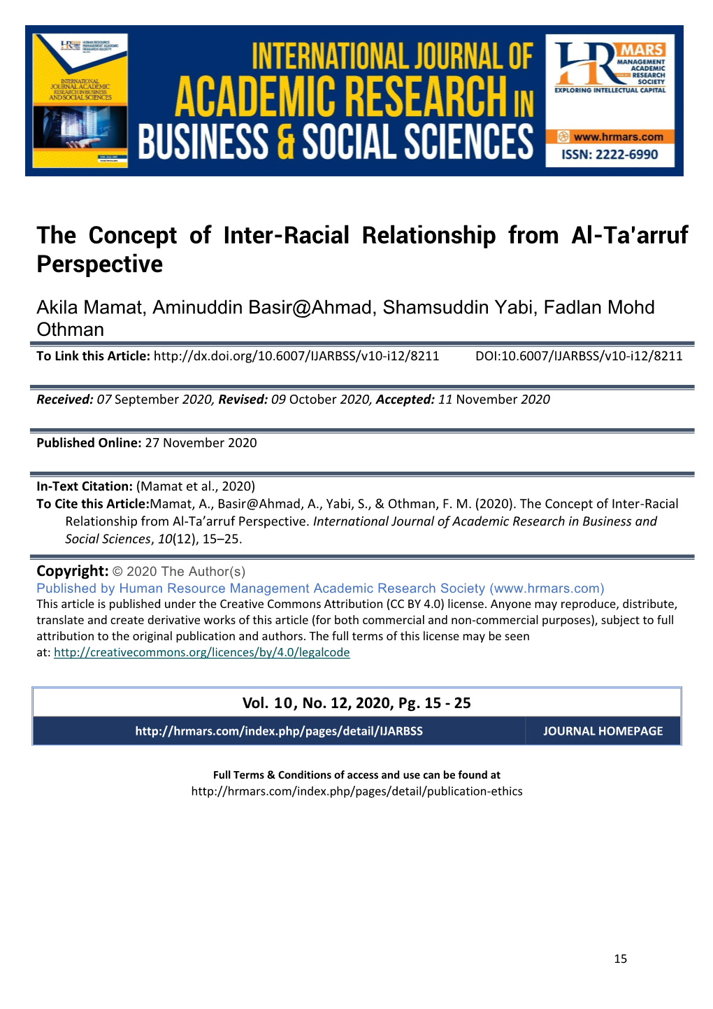 The Concept of Inter-Racial Relationship from Al-Ta'arruf