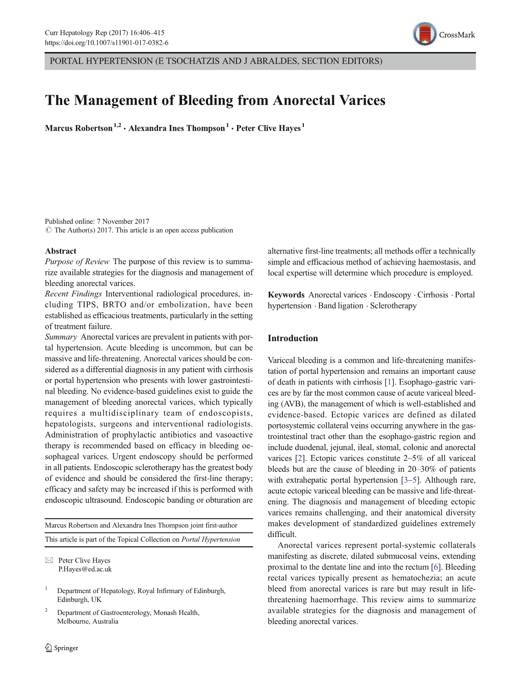 The Management of Bleeding from Anorectal Varices