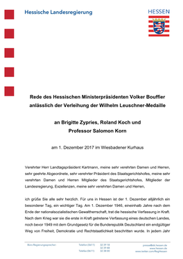 Rede Des Hessischen Ministerpräsidenten Volker Bouffier Anlässlich Der Verleihung Der Wilhelm Leuschner-Medaille