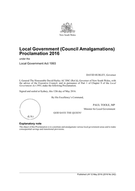 Local Government (Council Amalgamations) Proclamation 2016 Under the Local Government Act 1993