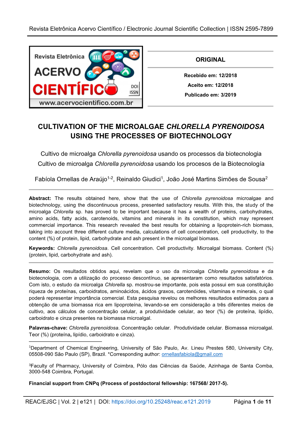 Cultivation of the Microalgae Chlorella Pyrenoidosa Using the Processes of Biotechnology