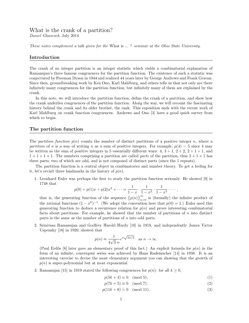 What Is the Crank of a Partition? Daniel Glasscock, July 2014