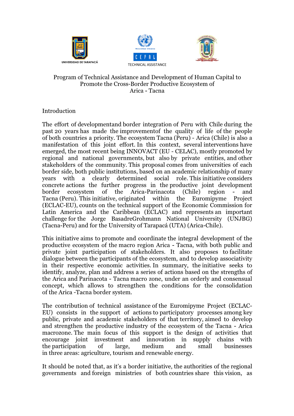 Program of Technical Assistance and Development of Human Capital to Promote the Cross-Border Productive Ecosystem of Arica - Tacna