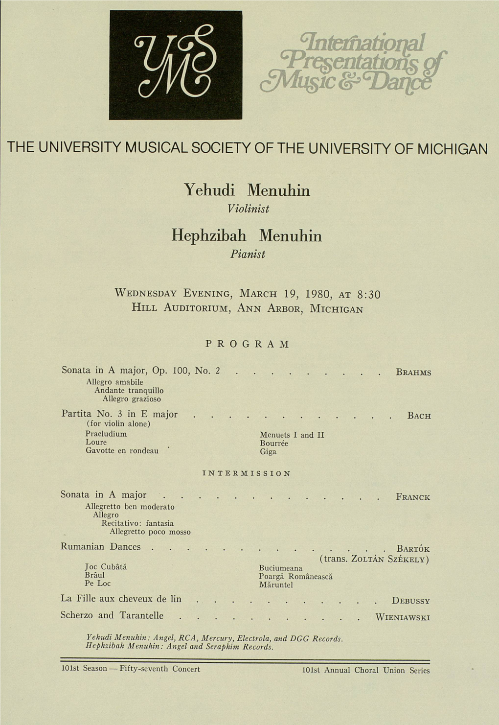 Yehudi Menuhin Violinist Hephzibah Menuhin Pianist