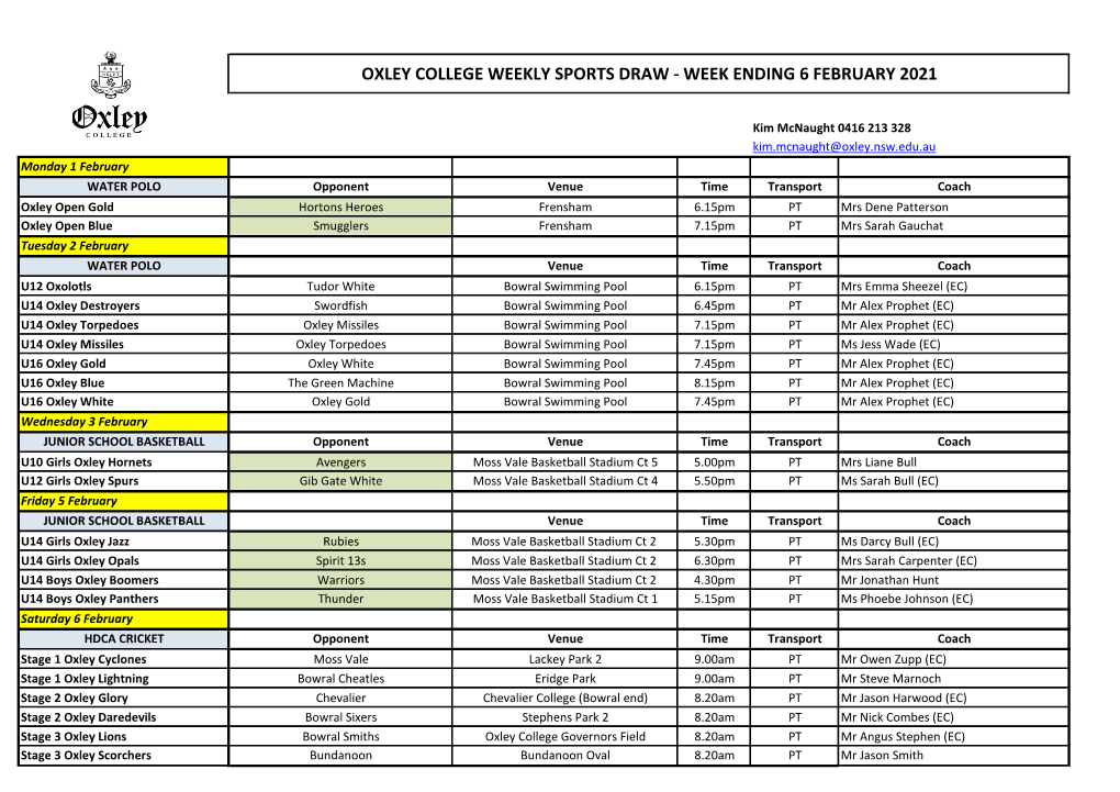 Oxley College Weekly Sports Draw - Week Ending 6 February 2021