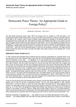 Democratic Peace Theory: an Appropriate Guide to Foreign Policy? Written by Jennifer Jackson
