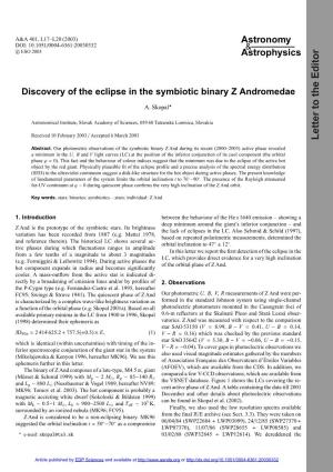 Discovery of the Eclipse in the Symbiotic Binary Z Andromedae
