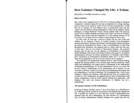 How Gadamer Changed My Life: a Tribute
