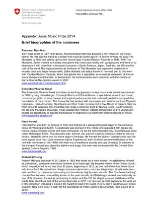 Appendix Swiss Music Prize 2014 Brief Biographies of the Nominees