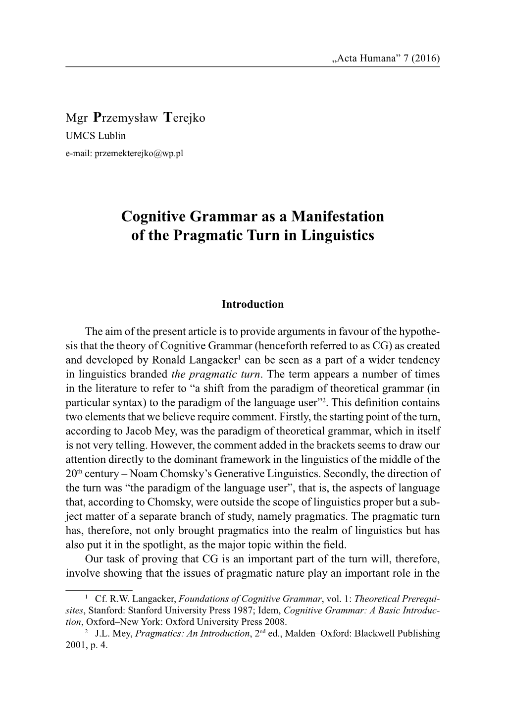 Cognitive Grammar As a Manifestation of the Pragmatic Turn in Linguistics