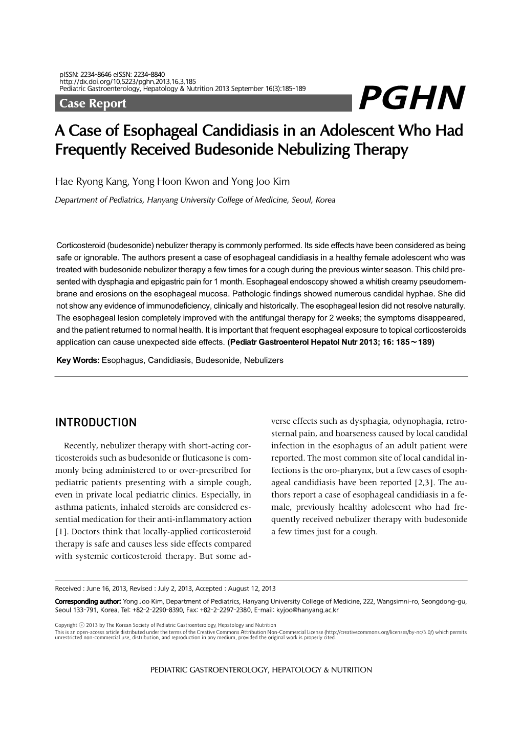 A Case of Esophageal Candidiasis in an Adolescent Who Had Frequently Received Budesonide Nebulizing Therapy