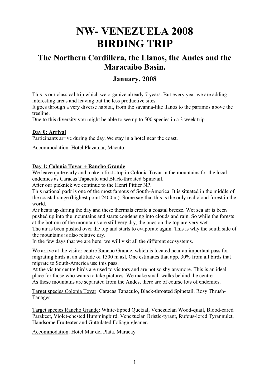 Itinerary N-Venezuela 2008 20 Days