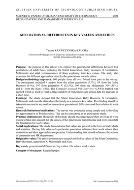 Generational Differences in Key Values and Ethics