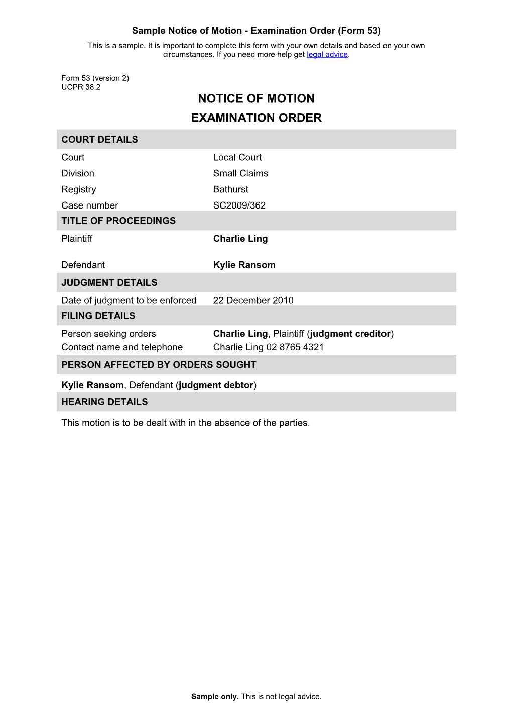 Form 53 - Notice of Motion Examination Order