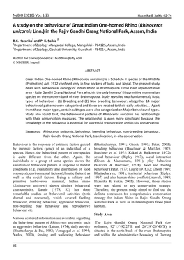 A Study on the Behaviour of Great Indian One-Horned Rhino (Rhinoceros Unicornis Linn.) in the Rajiv Gandhi Orang National Park