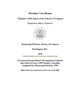 Papers of Wernher Von Braun