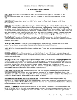 Nevada Hunter Information Sheet