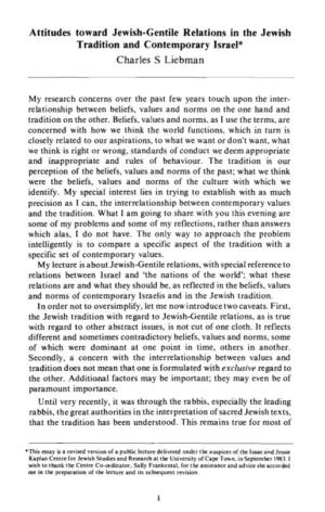 Attitudes Toward Jewish-Gentile Relations in the Jewish Tradition and Contemporary Israel* Charles S Liebman