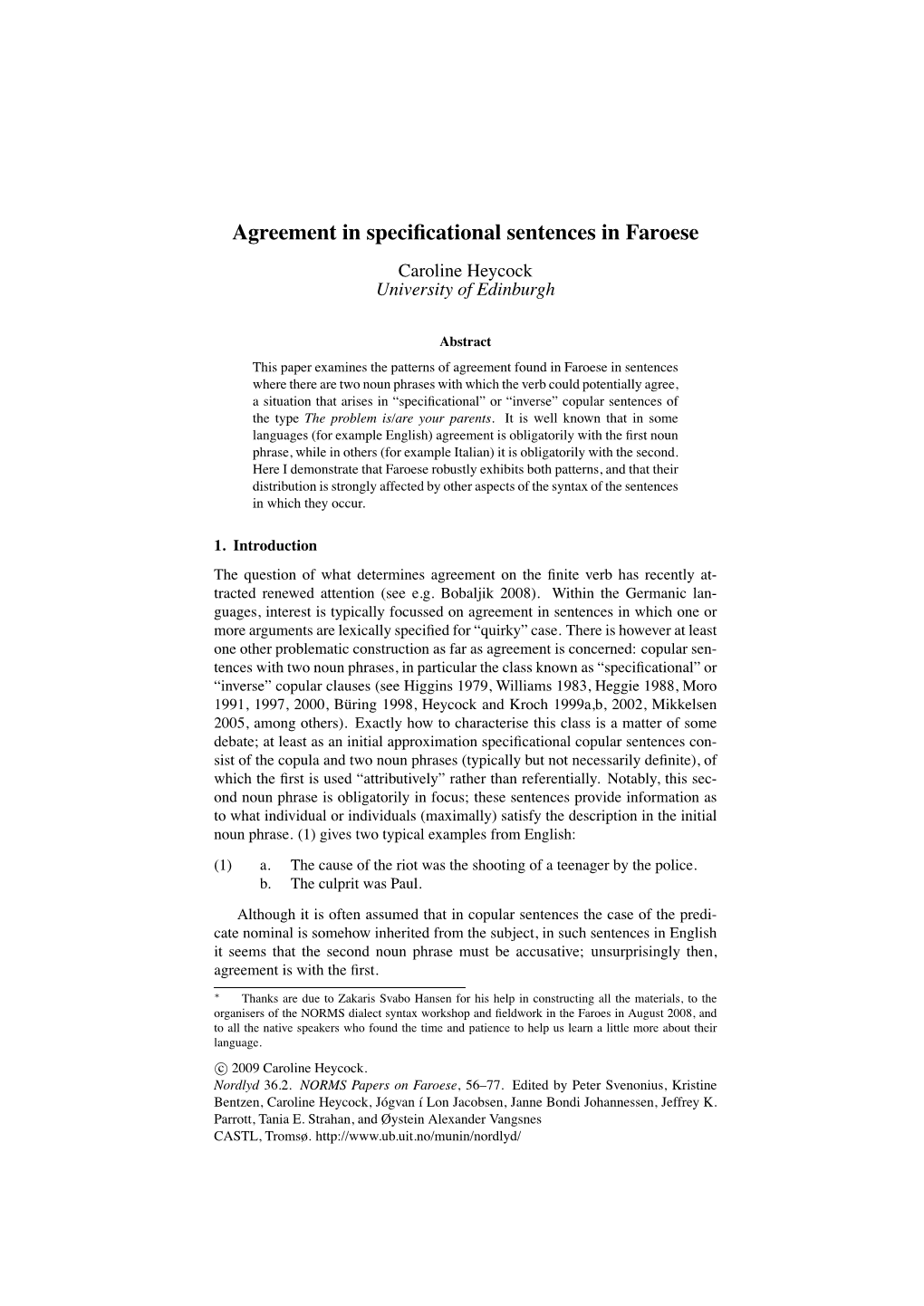 Agreement in Specificational Sentences in Faroese