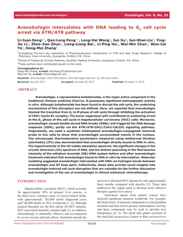 Arenobufagin Intercalates with DNA Leading to G Cell Cycle Arrest Via