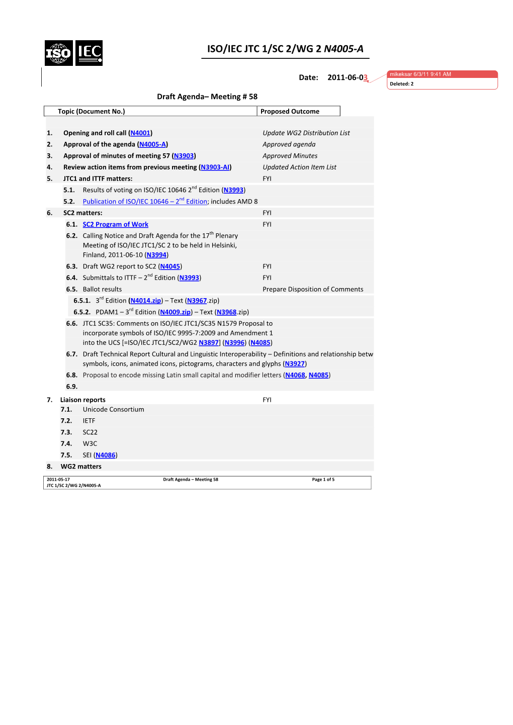 WG2 Meeting Unicode 2011 N4005 Agenda