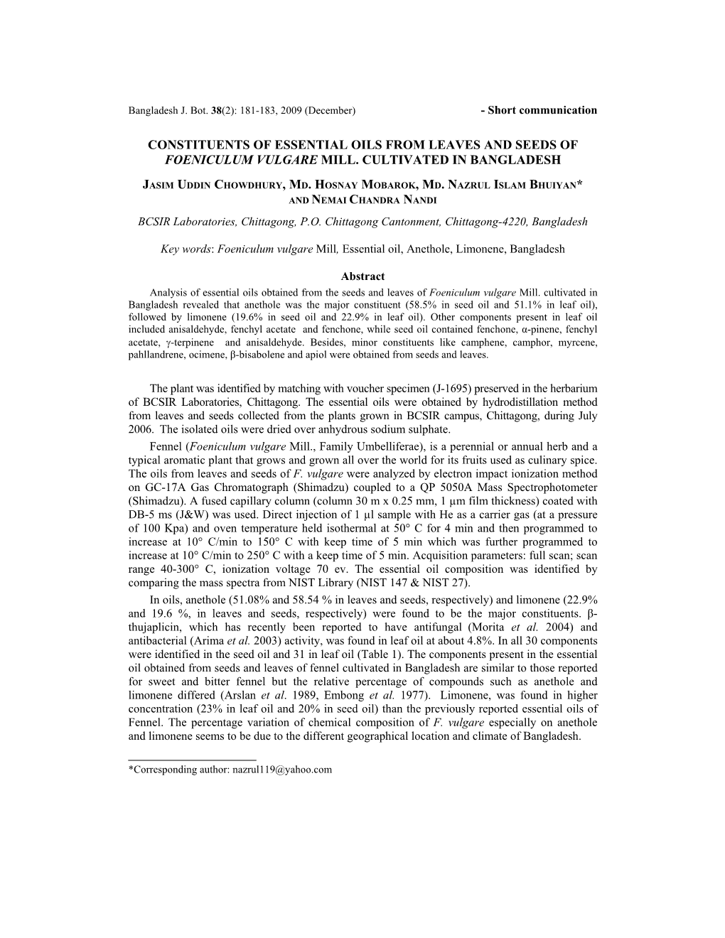 Constituents of Essential Oils from Leaves and Seeds of Foeniculum Vulgare Mill