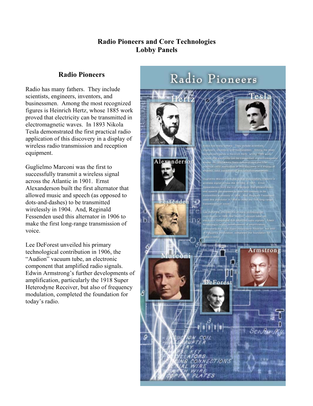 Radio Pioneers and Core Technologies Lobby Panels Radio Pioneers