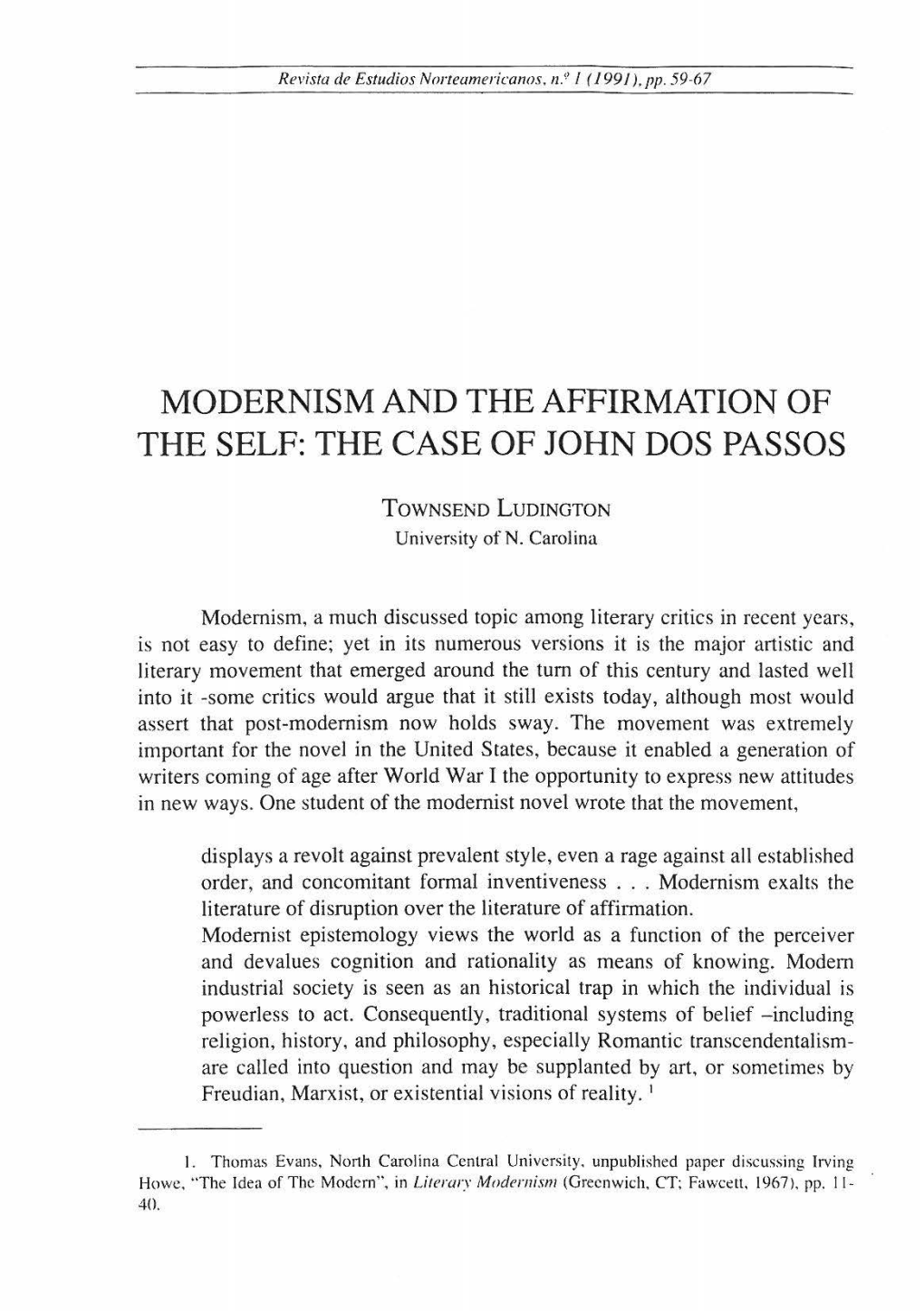 Modernism and the Affirmation of the Self: the Case of John Dos Passos