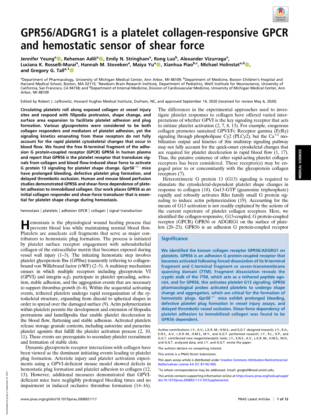 GPR56/ADGRG1 Is a Platelet Collagen-Responsive GPCR and Hemostatic Sensor of Shear Force