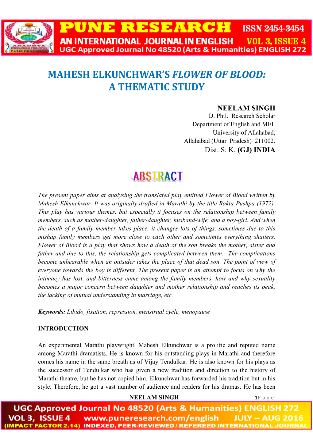 Mahesh Elkunchwar's Flower of Blood: a Thematic Study
