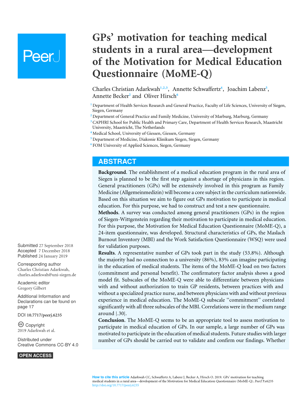 Gps' Motivation for Teaching Medical Students in a Rural Area—Development of the Motivation for Medical Education Questionna