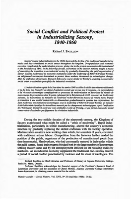 Social Conflict and Political Protest in Industrializing Saxony, 1840-1860
