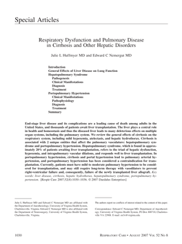 Respiratory Dysfunction and Pulmonary Disease in Cirrhosis and Other Hepatic Disorders