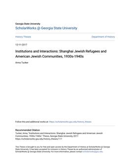 Institutions and Interactions: Shanghai Jewish Refugees and American Jewish Communities, 1930S-1940S