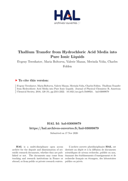 Thallium Transfer from Hydrochloric Acid Media Into Pure Ionic Liquids Evgeny Tereshatov, Maria Boltoeva, Valerie Mazan, Merinda Volia, Charles Folden