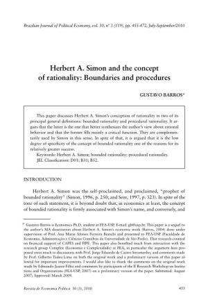 Herbert A. Simon and the Concept of Rationality: Boundaries and Procedures