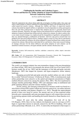 Challenging the Interline and Codeshare Legacy: Drivers and Barriers for Airline Adoption of Airport Facilitated Inter-Airline N