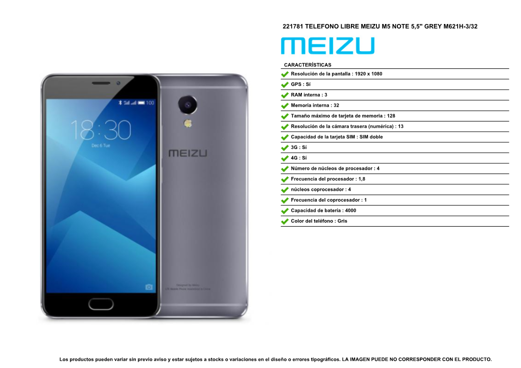 221781 Telefono Libre Meizu M5 Note 5,5" Grey M621h-3/32