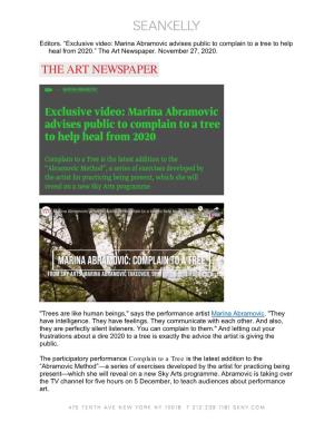 Marina Abramovic Advises Public to Complain to a Tree to Help Heal from 2020.” the Art Newspaper