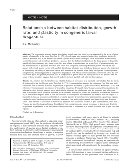 Relationship Between Habitat Distribution, Growth Rate, and Plasticity in Congeneric Larval Dragonflies