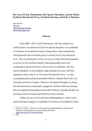 The Case of Carly Fleischmann, Her Speech Therapists, and the Media: Factitious Heroism by Proxy, Factitious Heroism, and Folie À Plusieurs