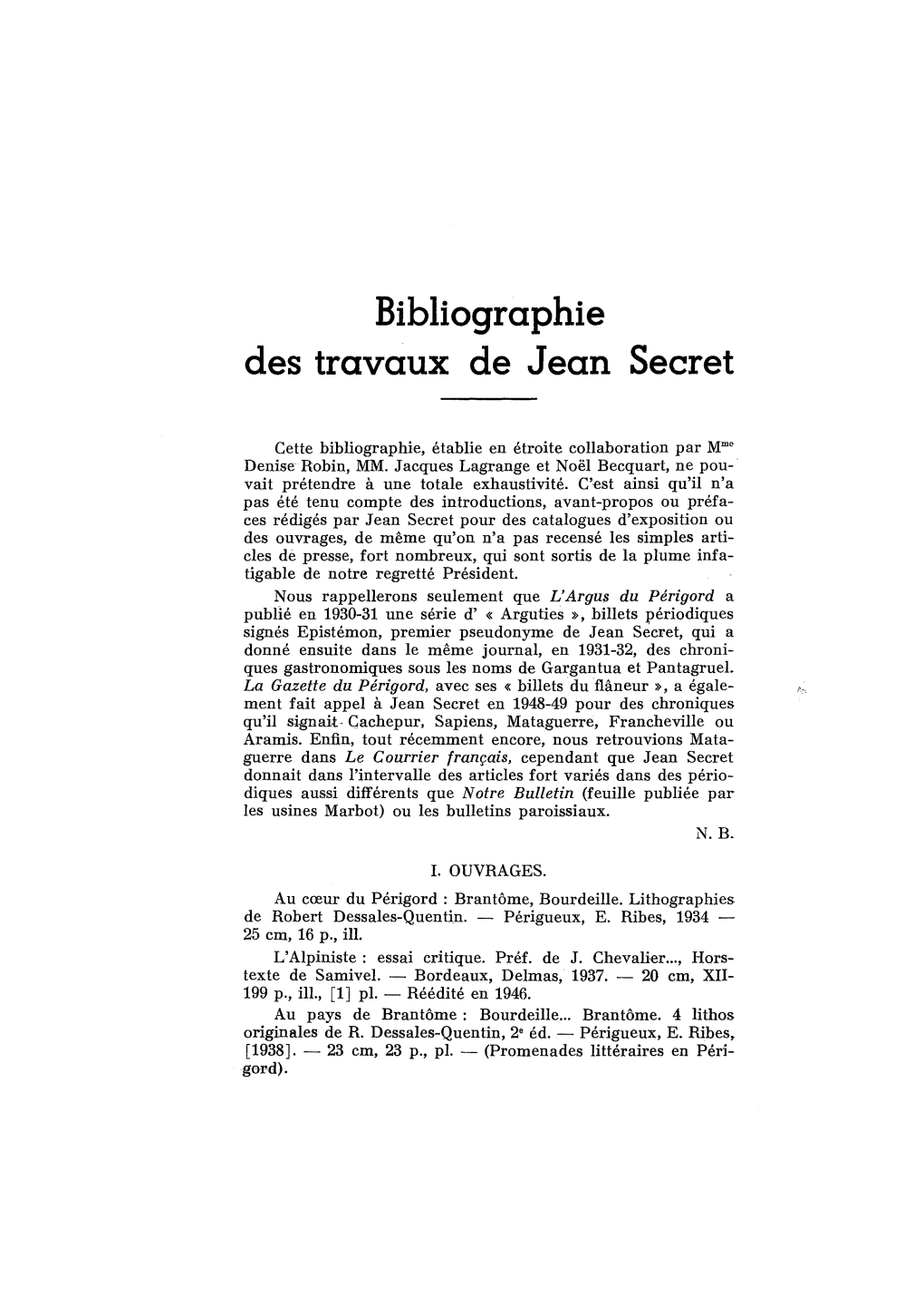 Bibliographie Des Travaux De Jean Secret